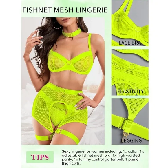 4 Piece Mesh Neon Green Lingerie Set size L - Picture 3 of 11